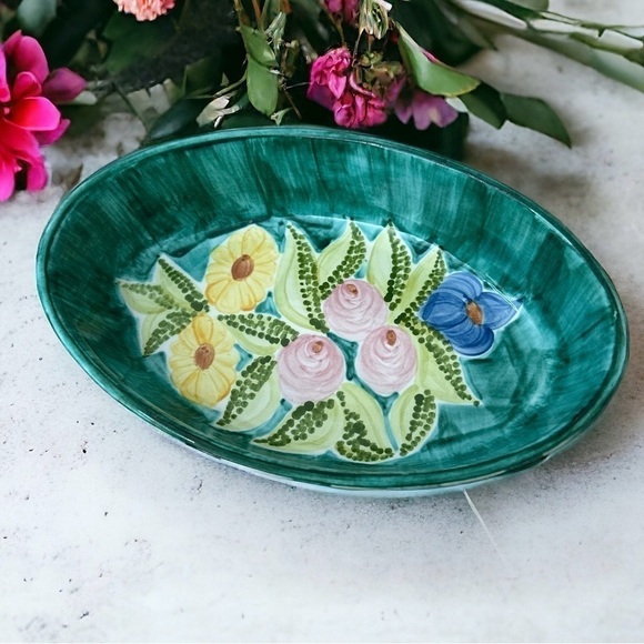 Laurie Gates Oven Baking Dish Bowl Pottery Floral ‘96 Pink Roses Sunflowers - Picture 2 of 10
